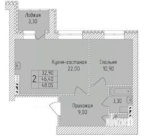 2-к квартира, строящийся дом, 48м2, 8/8 этаж