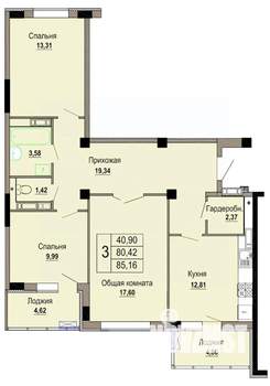 3-к квартира, строящийся дом, 85м2, 6/12 этаж