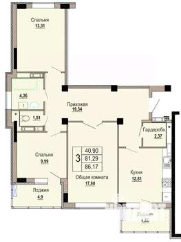 3-к квартира, строящийся дом, 86м2, 9/12 этаж