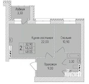 2-к квартира, строящийся дом, 48м2, 6/8 этаж
