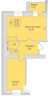 2-к квартира, строящийся дом, 57м2, 1/8 этаж