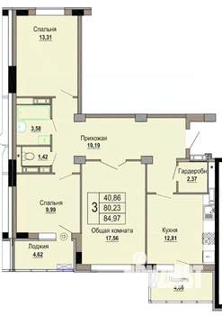 3-к квартира, строящийся дом, 85м2, 2/12 этаж
