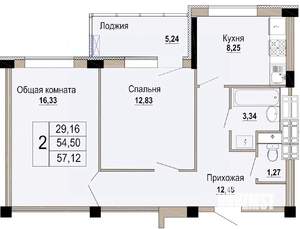 2-к квартира, строящийся дом, 57м2, 2/12 этаж