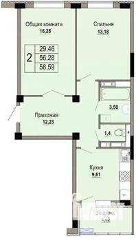 2-к квартира, строящийся дом, 59м2, 11/12 этаж