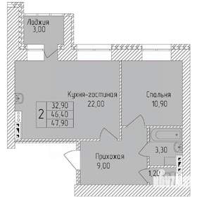 2-к квартира, строящийся дом, 48м2, 2/8 этаж