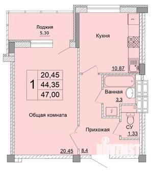1-к квартира, строящийся дом, 47м2, 1/9 этаж