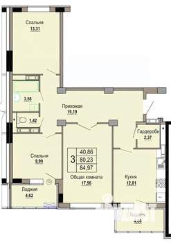 3-к квартира, строящийся дом, 85м2, 4/12 этаж