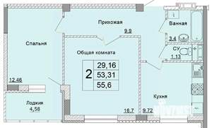2-к квартира, строящийся дом, 56м2, 1/9 этаж