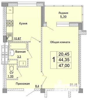 1-к квартира, строящийся дом, 47м2, 1/9 этаж