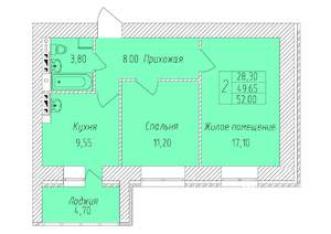 2-к квартира, строящийся дом, 52м2, 8/8 этаж