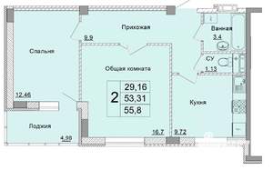 2-к квартира, строящийся дом, 56м2, 1/9 этаж