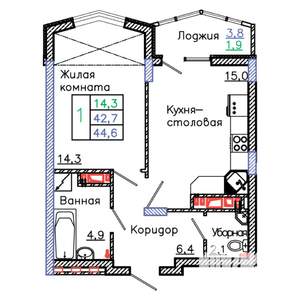 1-к квартира, вторичка, 45м2, 15/18 этаж