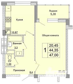 1-к квартира, строящийся дом, 47м2, 6/9 этаж