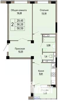 2-к квартира, строящийся дом, 59м2, 12/12 этаж