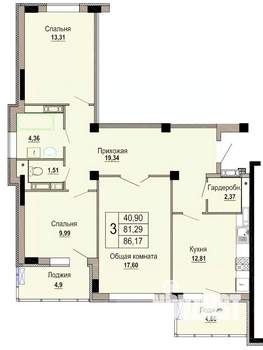 3-к квартира, строящийся дом, 86м2, 6/12 этаж