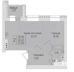 2-к квартира, строящийся дом, 48м2, 3/8 этаж
