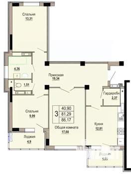 3-к квартира, строящийся дом, 86м2, 10/12 этаж