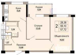 2-к квартира, строящийся дом, 58м2, 1/12 этаж