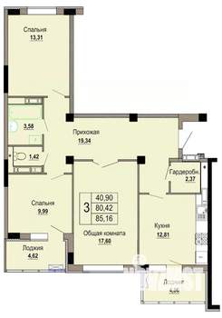 3-к квартира, строящийся дом, 85м2, 8/12 этаж