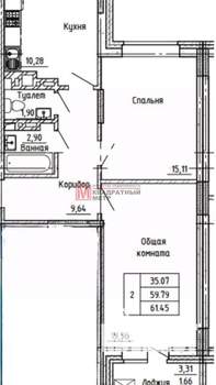 2-к квартира, вторичка, 61м2, 6/14 этаж