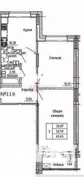 2-к квартира, вторичка, 61м2, 6/12 этаж