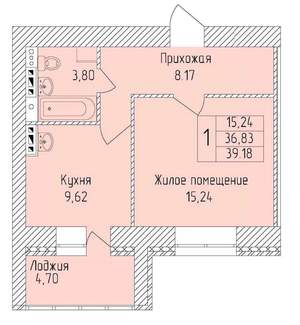 1-к квартира, строящийся дом, 39м2, 2/8 этаж